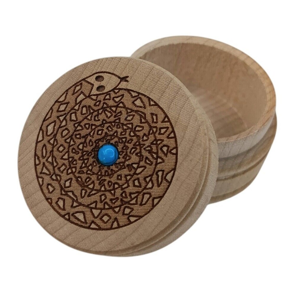 Small Round Carved Wood Snake Trinket  Ring Box Dreambox Turquoise Stone 1.5"
